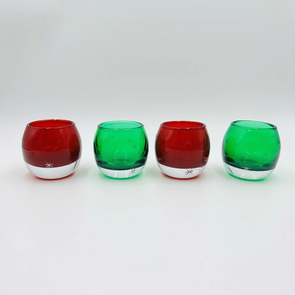 Votive Holder Set Etched Starburst Red Green Glass Hand‎ Blown Poland Christmas